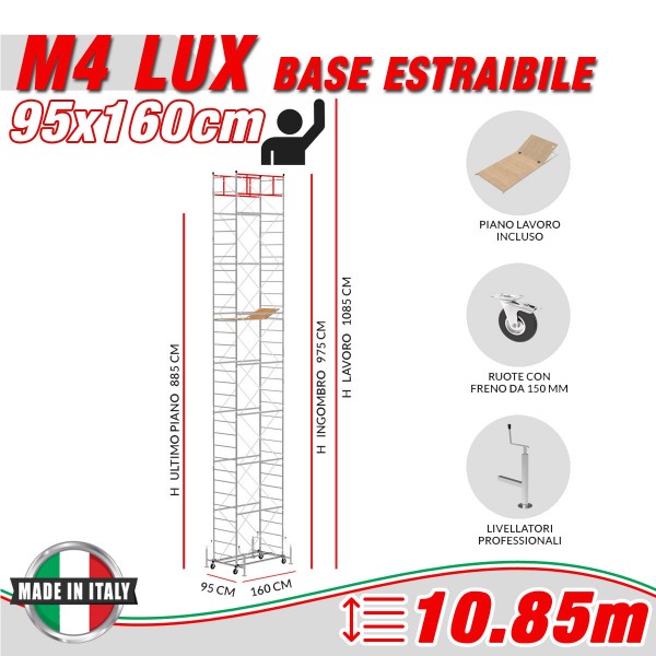 Trabattello M4 LUX base estraibile (h lavoro 10,85 m)